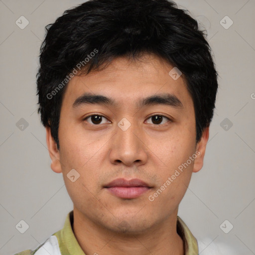 Neutral asian young-adult male with short  black hair and brown eyes