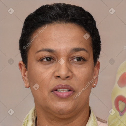 Joyful latino adult female with short  brown hair and brown eyes