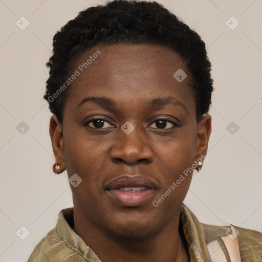 Joyful black young-adult female with short  black hair and brown eyes