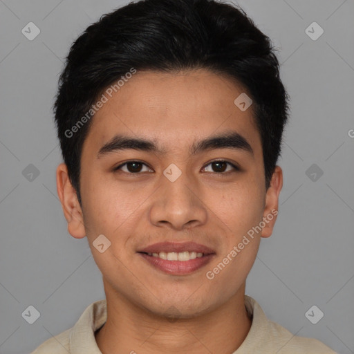 Joyful latino young-adult male with short  black hair and brown eyes