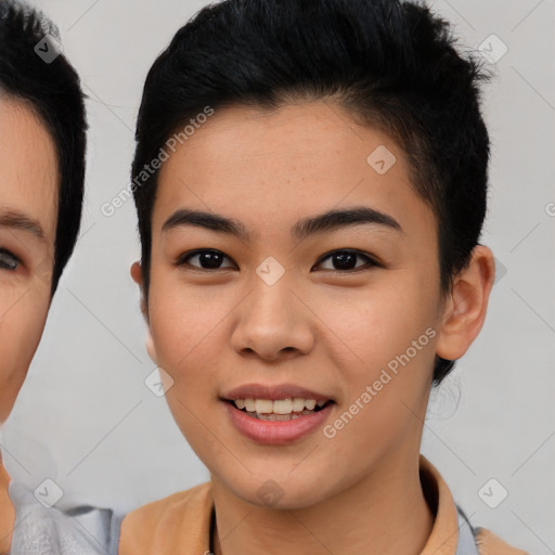 Joyful asian young-adult female with short  brown hair and brown eyes