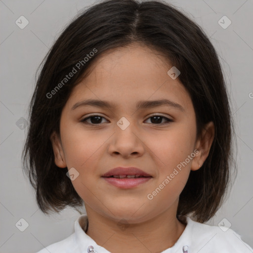 Joyful white child female with medium  brown hair and brown eyes