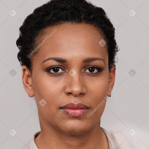 Neutral black young-adult female with short  black hair and brown eyes