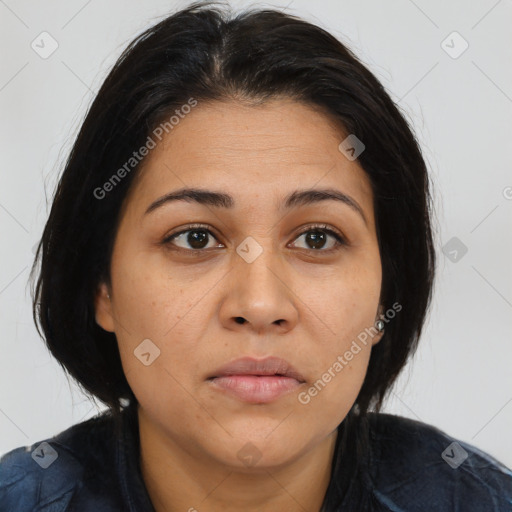 Joyful latino young-adult female with medium  brown hair and brown eyes