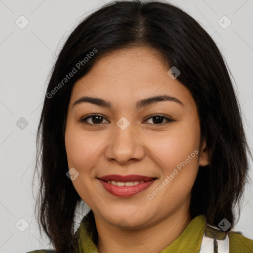 Joyful latino young-adult female with medium  brown hair and brown eyes