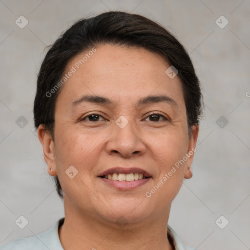 Joyful white adult female with short  brown hair and brown eyes