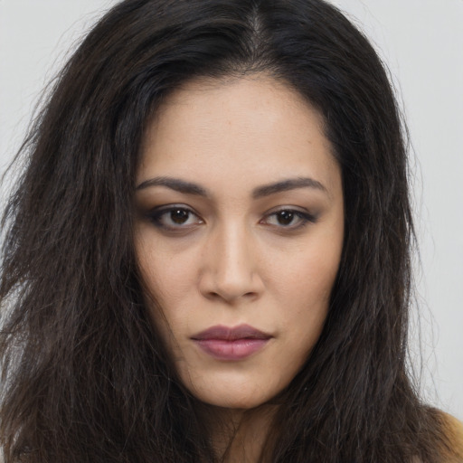 Neutral asian young-adult female with long  brown hair and brown eyes