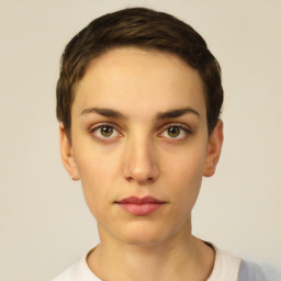 Neutral white young-adult female with short  black hair and brown eyes