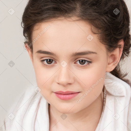 Joyful white child female with medium  brown hair and brown eyes