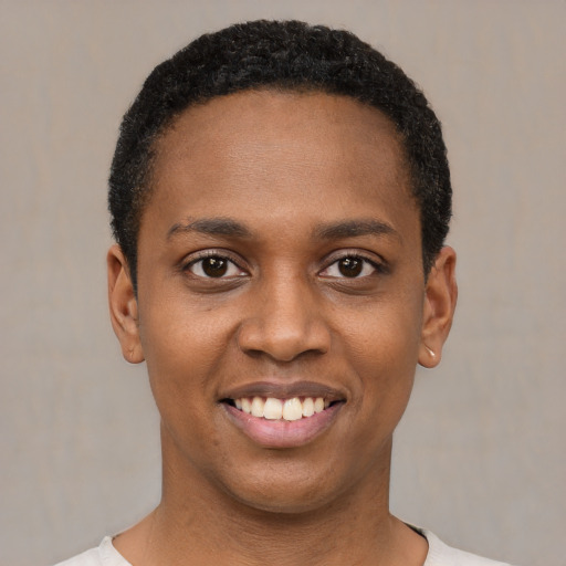 Joyful black young-adult female with short  black hair and brown eyes