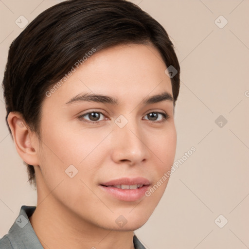 Neutral white young-adult female with short  brown hair and brown eyes