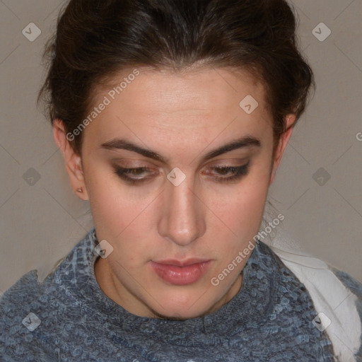 Neutral white young-adult female with short  brown hair and brown eyes