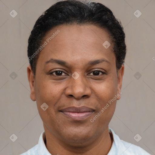 Joyful latino adult female with short  brown hair and brown eyes