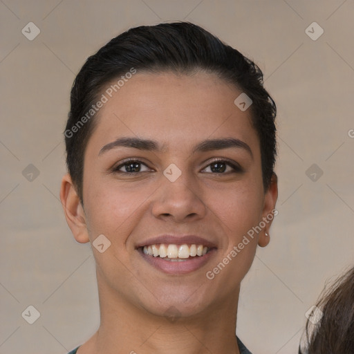 Joyful white young-adult female with short  brown hair and brown eyes