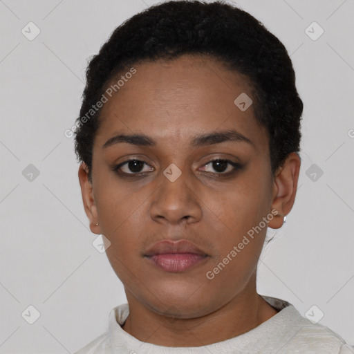 Neutral black young-adult female with short  black hair and brown eyes