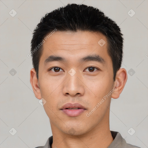 Neutral asian young-adult male with short  black hair and brown eyes