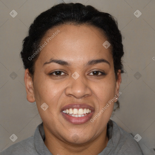 Joyful latino young-adult female with short  brown hair and brown eyes