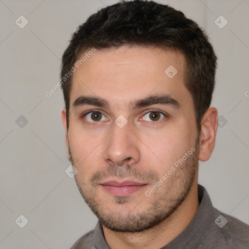 Neutral white young-adult male with short  brown hair and brown eyes