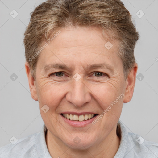 Joyful white middle-aged male with short  brown hair and brown eyes