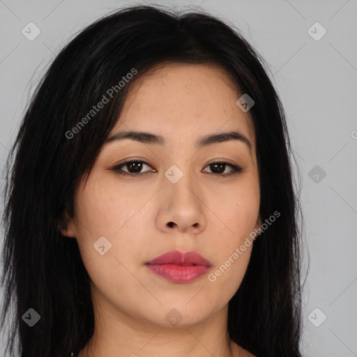 Neutral asian young-adult female with long  brown hair and brown eyes