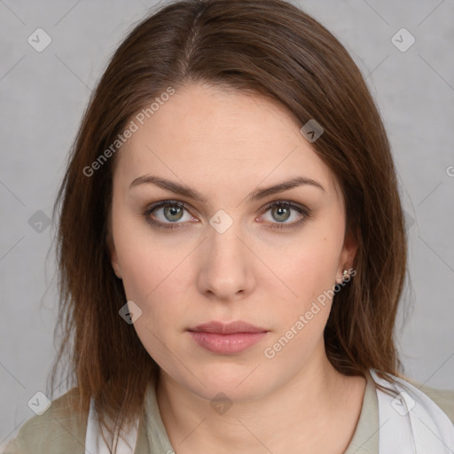 Neutral white young-adult female with medium  brown hair and brown eyes