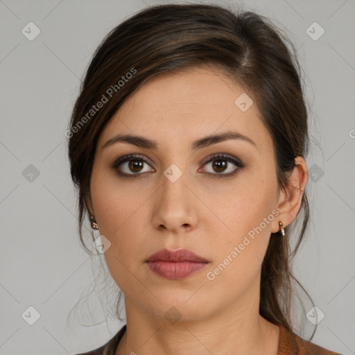 Neutral white young-adult female with medium  brown hair and brown eyes