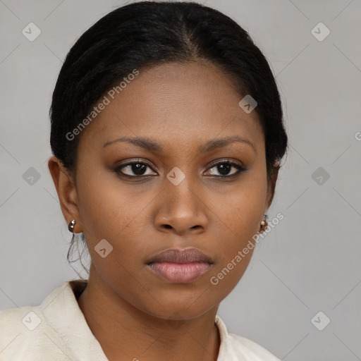 Neutral black young-adult female with medium  brown hair and brown eyes