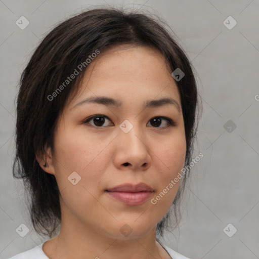 Neutral asian young-adult female with medium  brown hair and brown eyes