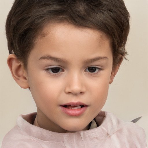 Joyful white child female with short  brown hair and brown eyes