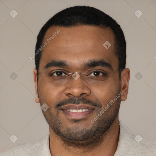Joyful black young-adult male with short  black hair and brown eyes