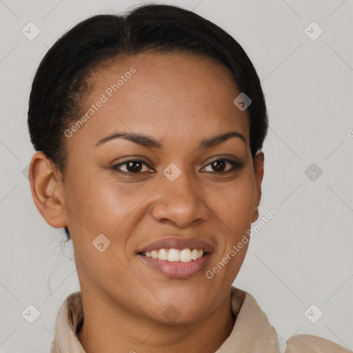 Joyful latino young-adult female with short  brown hair and brown eyes