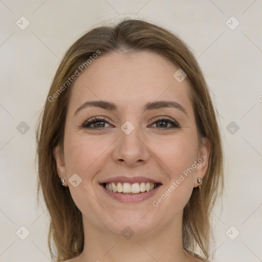 Joyful white young-adult female with medium  brown hair and grey eyes