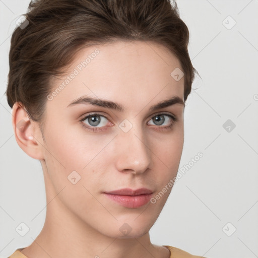 Neutral white young-adult female with short  brown hair and grey eyes