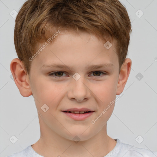 Joyful white child male with short  brown hair and brown eyes