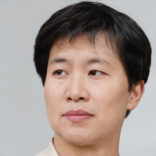 Neutral asian adult male with short  brown hair and brown eyes