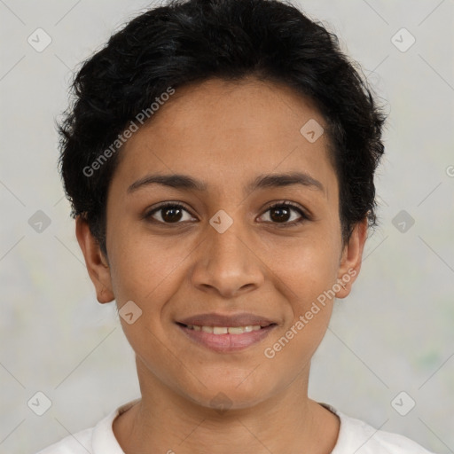 Joyful latino young-adult female with short  black hair and brown eyes