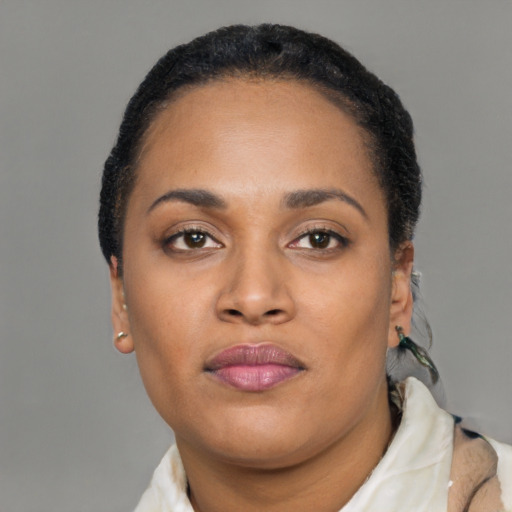 Neutral black young-adult female with short  black hair and brown eyes