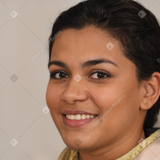 Joyful white young-adult female with medium  brown hair and brown eyes