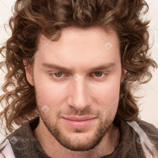 Joyful white young-adult male with medium  brown hair and brown eyes