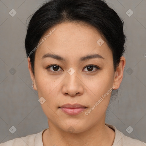 Neutral asian young-adult female with short  brown hair and brown eyes