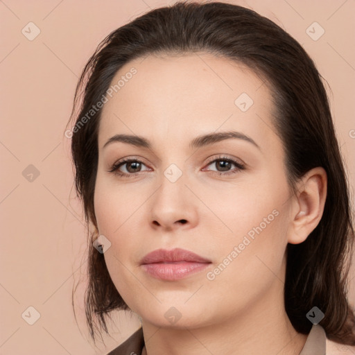 Neutral white young-adult female with medium  brown hair and brown eyes