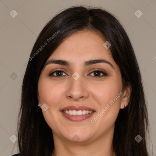 Joyful white young-adult female with long  brown hair and brown eyes