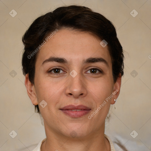 Joyful white young-adult female with short  brown hair and brown eyes