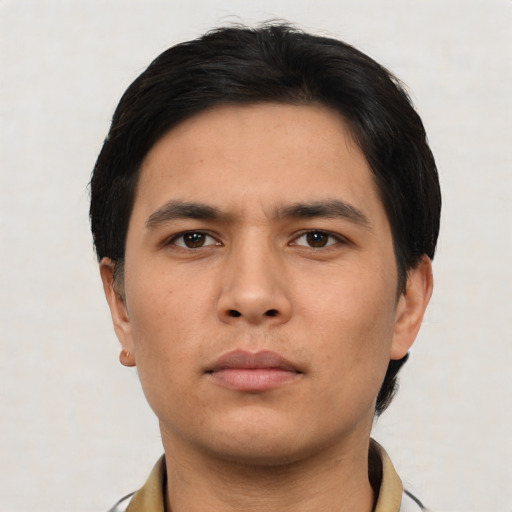 Neutral asian young-adult male with short  black hair and brown eyes