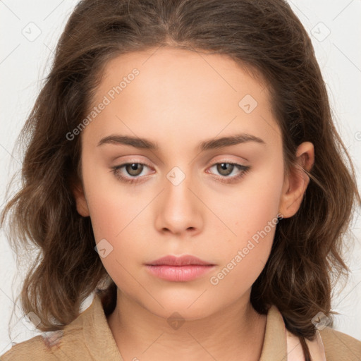 Neutral white young-adult female with medium  brown hair and brown eyes