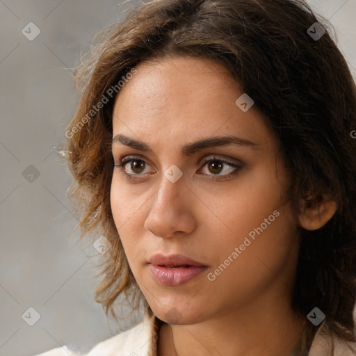 Neutral white young-adult female with medium  brown hair and brown eyes