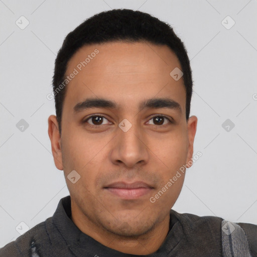 Neutral latino young-adult male with short  black hair and brown eyes