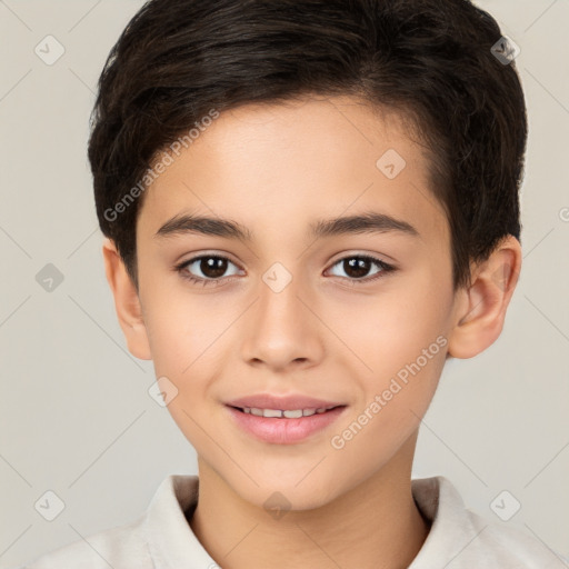 Joyful white child female with short  brown hair and brown eyes