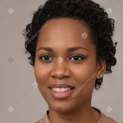 Joyful black young-adult female with medium  black hair and brown eyes