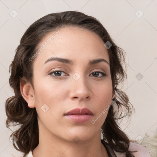 Neutral white young-adult female with medium  brown hair and brown eyes